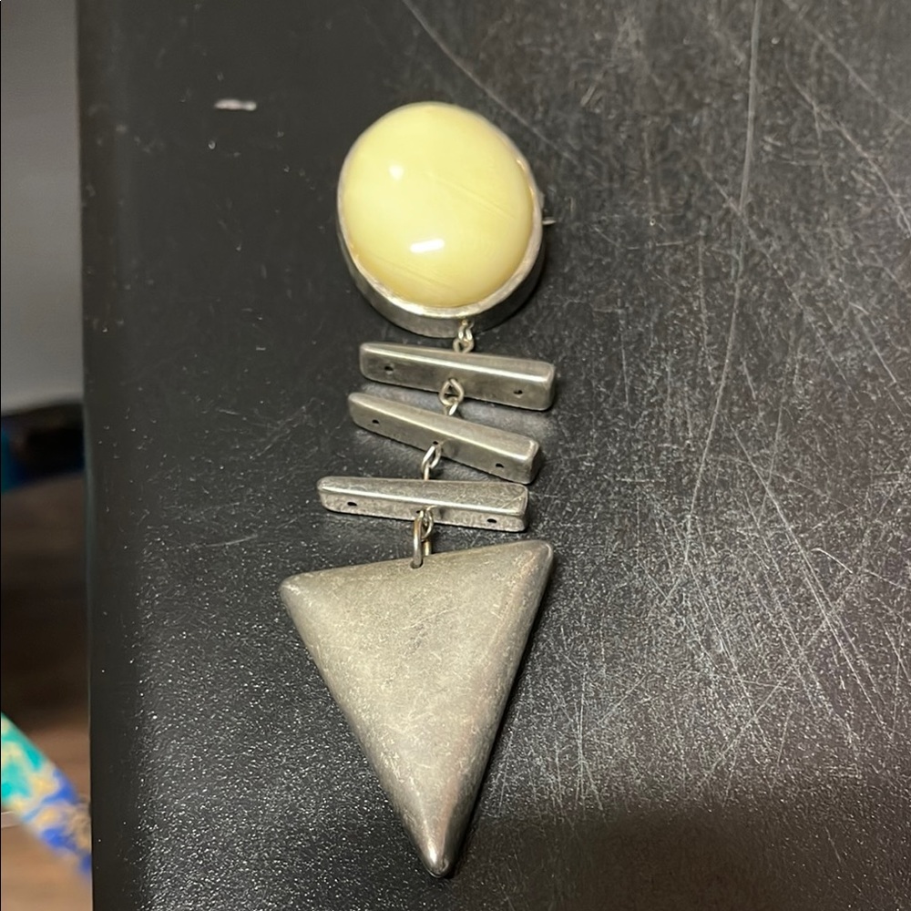 Silver colored  and Cream vintage Brooch with Geometric Design